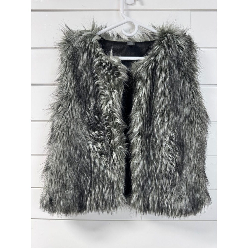 Mixit Womens Grey Black Faux Fur Vest Shaggy Open Front Hook Eye S/M RN93677